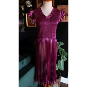 Voy Satin Smocked Purple Pleated Ruffle Sleeve Midi Drop Waist V Neck Dress M
